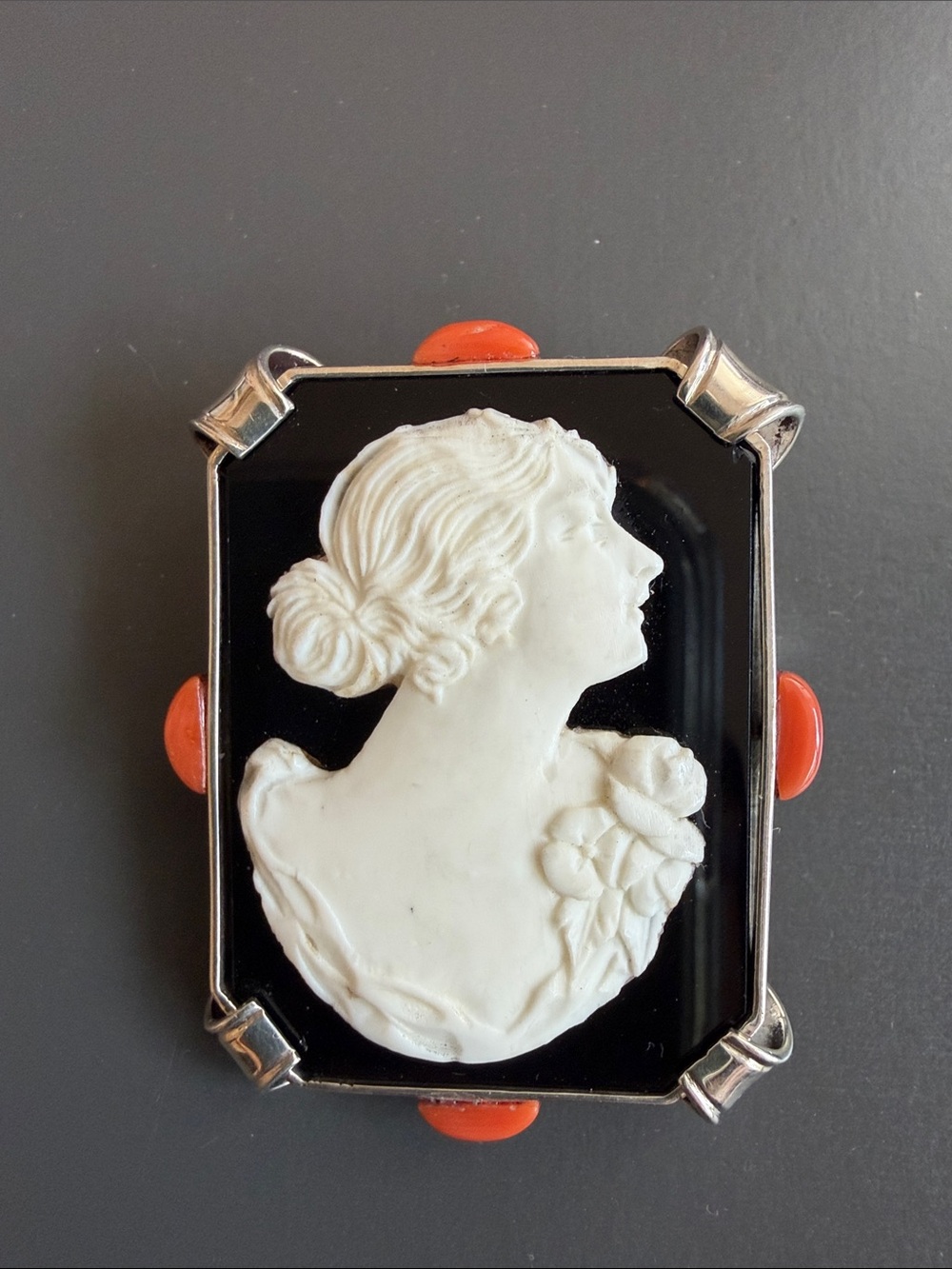 bone Cameo silver brooch with real onyx and Coral, handmade